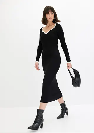 bonprix Strickkleid mit Kontrast-Abschluss am Ausschnitt - schwarz Neueste Mode