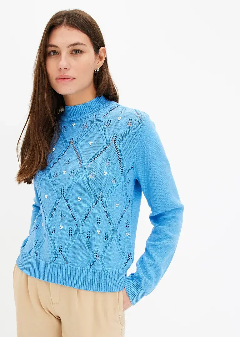 bonprix Kuscheliger Pullover mit Ajourmuster und Perlen - blau Online Outlet