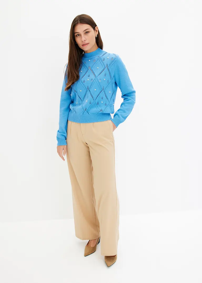 bonprix Kuscheliger Pullover mit Ajourmuster und Perlen - blau Online Outlet
