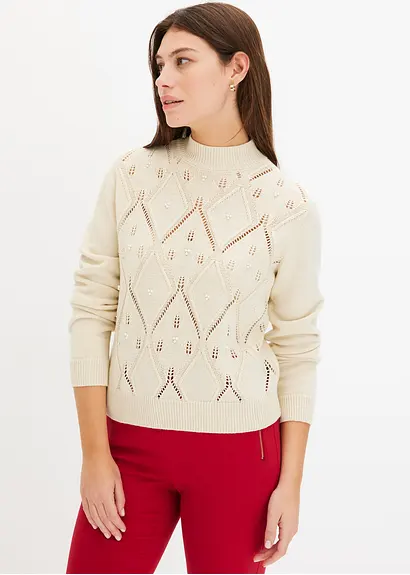 bonprix Kuscheliger Pullover mit Ajourmuster und Perlen - beige Zeitlich begrenztes Angebot