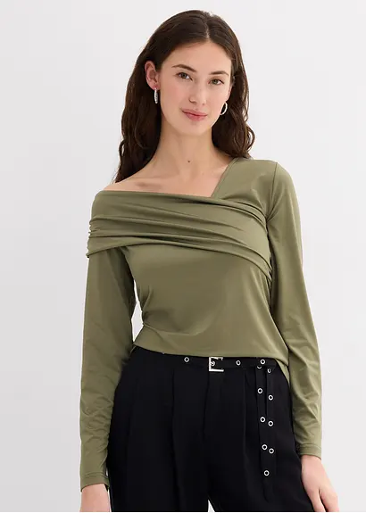 bonprix Figurbetonendes Langarmshirt mir asymmetrischem Ausschnitt und Raffungen Super Sparpreis