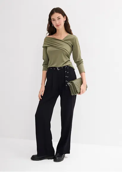 bonprix Figurbetonendes Langarmshirt mir asymmetrischem Ausschnitt und Raffungen Super Sparpreis