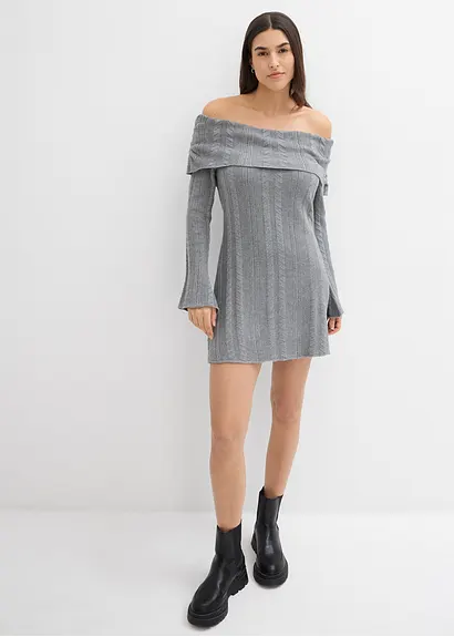 bonprix Modernes kurz geschnittenes Carmen-Kleid aus Strick - grau Kostenlose Rückgabe