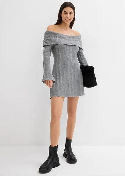 bonprix Modernes kurz geschnittenes Carmen-Kleid aus Strick - grau Kostenlose Rückgabe