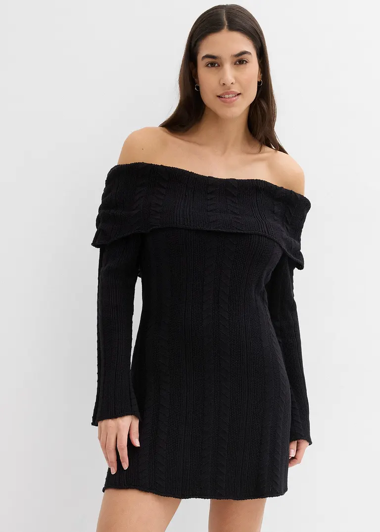 bonprix Modernes kurz geschnittenes Carmen-Kleid aus Strick - schwarz Begrenzte Freigabe