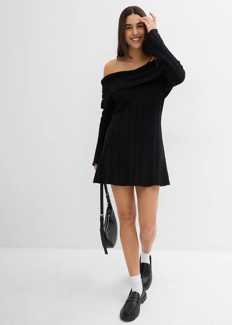 bonprix Modernes kurz geschnittenes Carmen-Kleid aus Strick - schwarz Begrenzte Freigabe