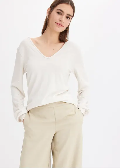 bonprix Kuscheliges Shirt mit dekorativen Perlen - beige Letzte 3 Tage