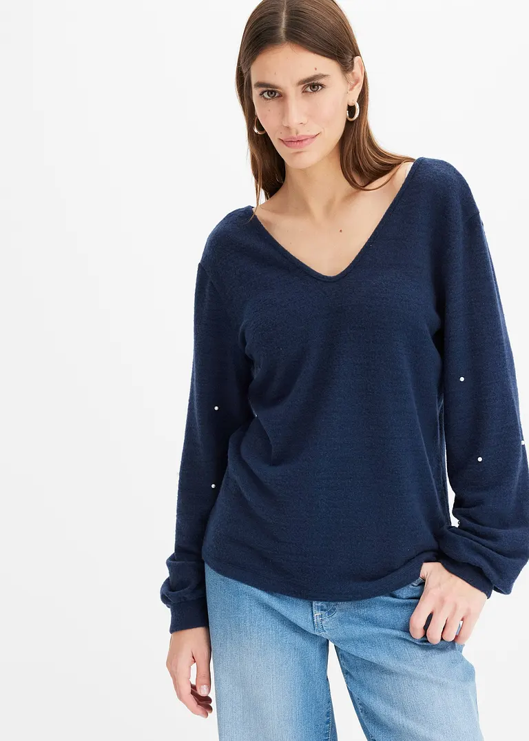 bonprix Kuscheliges Shirt mit dekorativen Perlen - blau - Damen JETZT KAUFEN