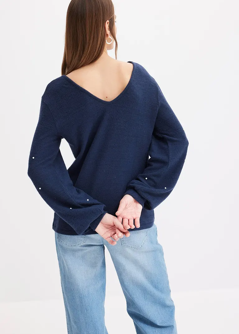 bonprix Kuscheliges Shirt mit dekorativen Perlen - blau - Damen JETZT KAUFEN