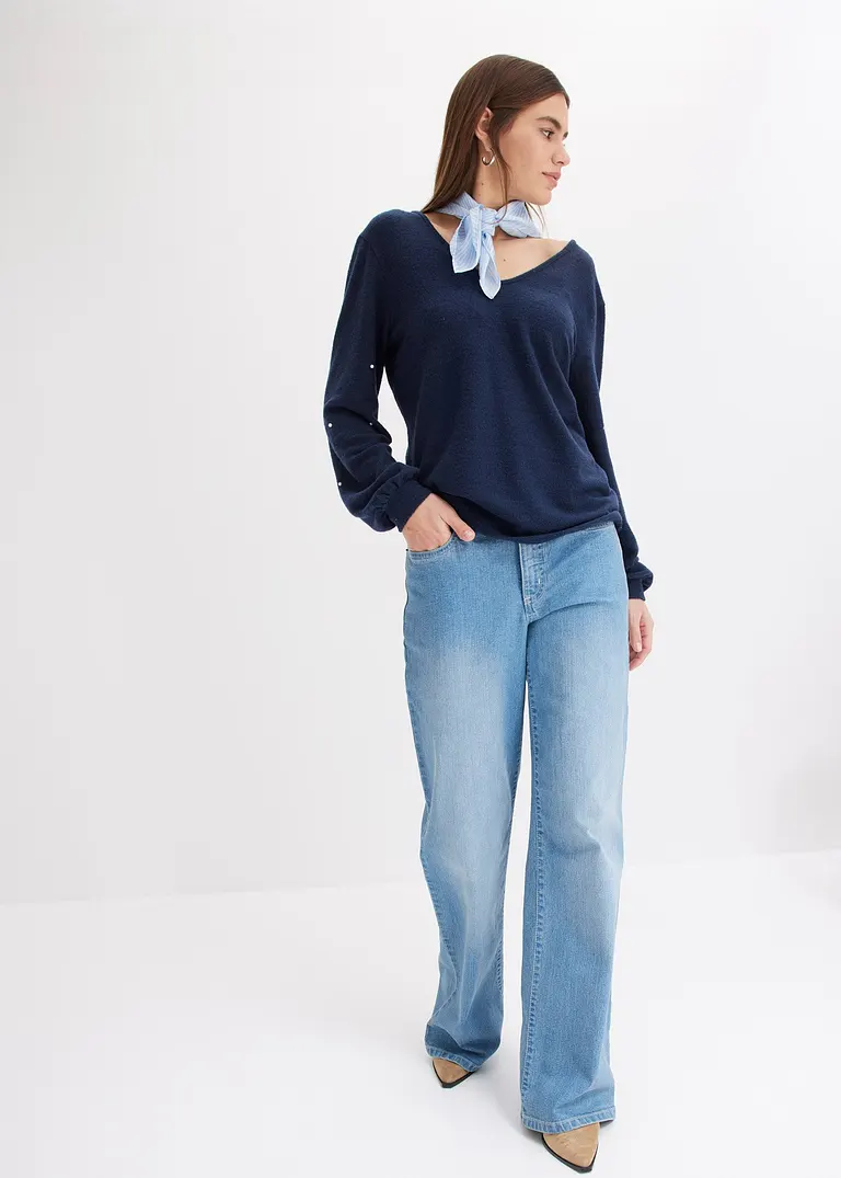 bonprix Kuscheliges Shirt mit dekorativen Perlen - blau - Damen JETZT KAUFEN