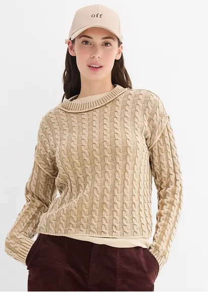bonprix Kurz geschnittener Strickpullover aus reiner Baumwolle mit Zopfmuster im Washed-Look Neueste Stile