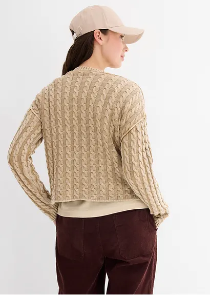bonprix Kurz geschnittener Strickpullover aus reiner Baumwolle mit Zopfmuster im Washed-Look Neueste Stile