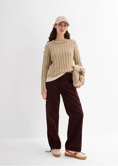 bonprix Kurz geschnittener Strickpullover aus reiner Baumwolle mit Zopfmuster im Washed-Look Neueste Stile