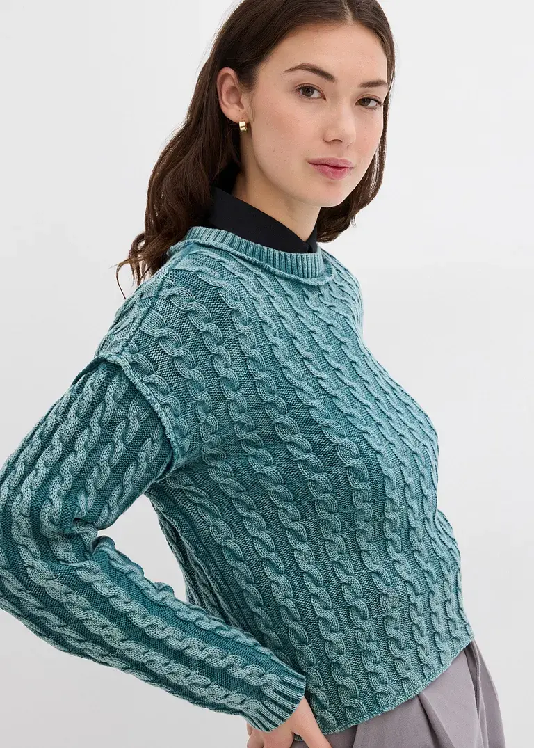 bonprix Kurz geschnittener Strickpullover aus reiner Baumwolle mit Zopfmuster im Washed-Look Letzte 2 Tage