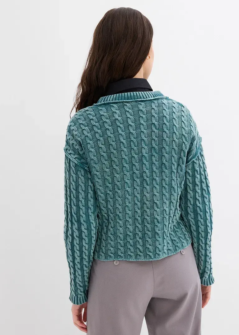 bonprix Kurz geschnittener Strickpullover aus reiner Baumwolle mit Zopfmuster im Washed-Look Letzte 2 Tage
