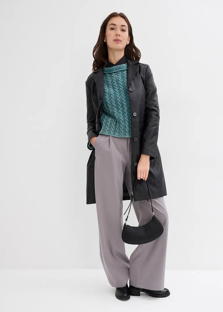 bonprix Kurz geschnittener Strickpullover aus reiner Baumwolle mit Zopfmuster im Washed-Look Letzte 2 Tage