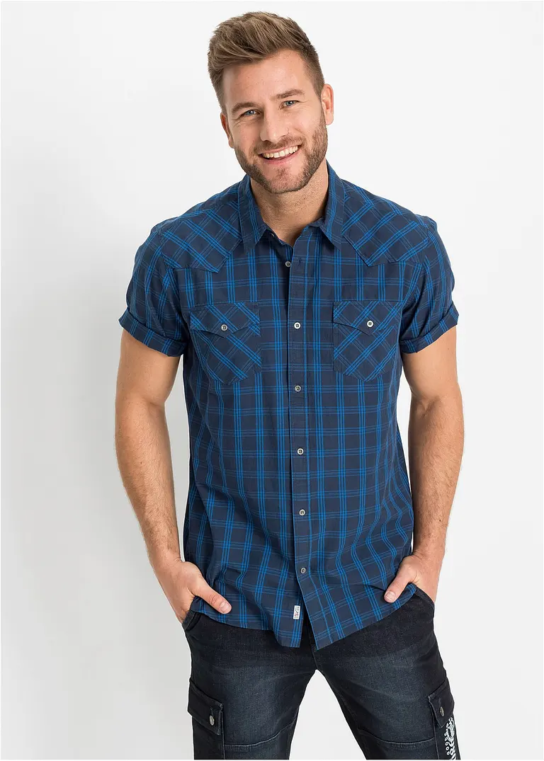 bonprix Kariertes Kurzarmhemd im Westernschnitt - blau - Herren Bis zu 50% Rabatt
