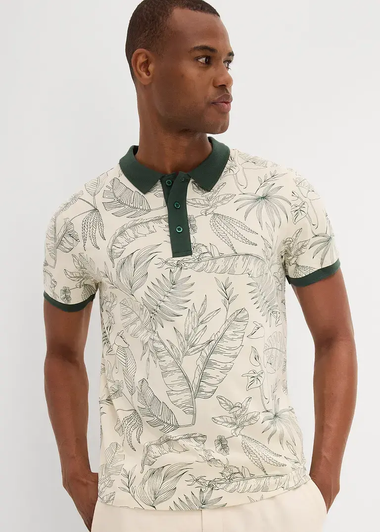 bonprix Modisch bedrucktes Jersey-Poloshirt aus reiner Baumwolle - beige 50% Rabatt für begrenzte Zeit