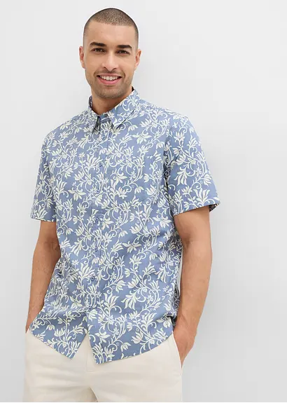bonprix Leichtes Herren-Kurzarmhemd mit floralem Print - blau Valentinstagsangebot