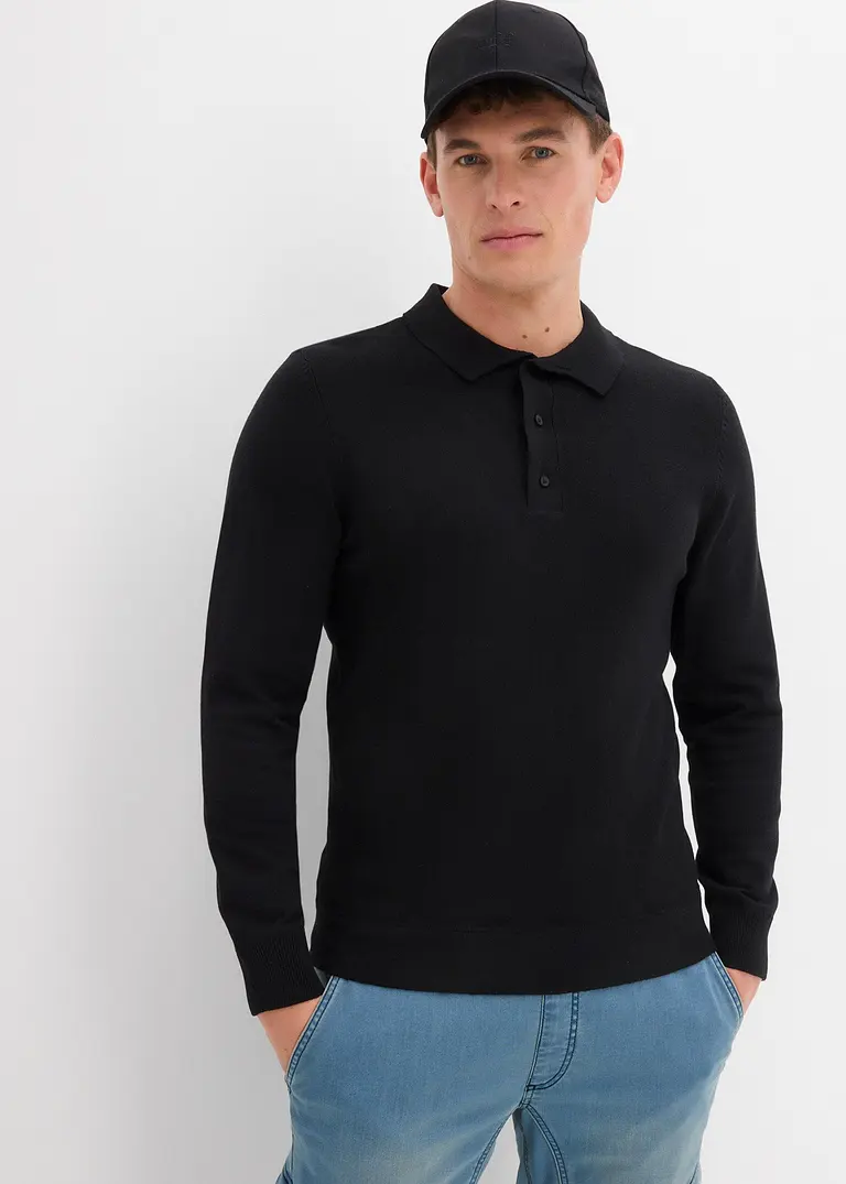 bonprix Pflegeleichtes Poloshirt in Feinstrick - schwarz Günstiger Verkauf