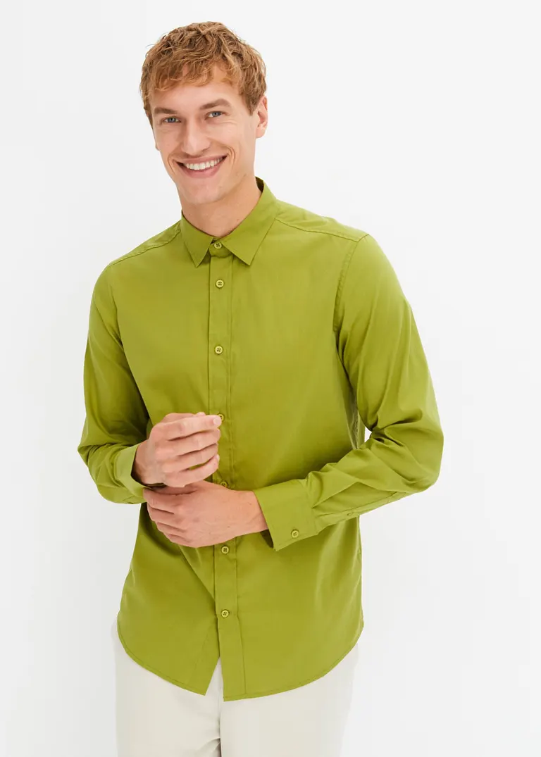 bonprix Herren Langarmhemd mit Stretch und leicht abgerundetem Saum Flash Sale