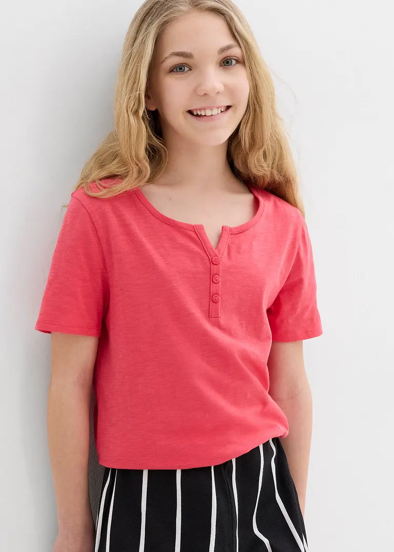 bonprix Schlichts Mädchen T-Shirt mit dekorativer Knopfleiste - pink Vatertagsangebot