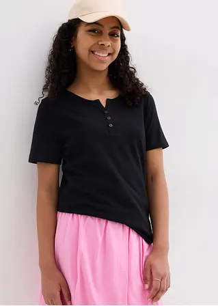 bonprix Schlichts Mädchen T-Shirt mit dekorativer Knopfleiste - schwarz Valentinstagsangebot