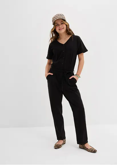bonprix Mädchen Jumpsuit mit dekorativen Knöpfen - schwarz Lagerräumung