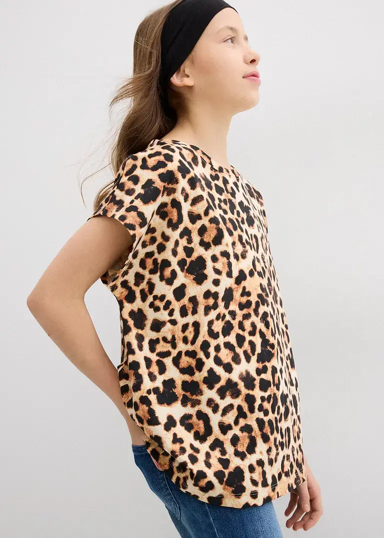bonprix Mädchen T-Shirt im schönen 2er-Pack - schwarz+beige bedruckt Kauf eins, bekomm eins gratis