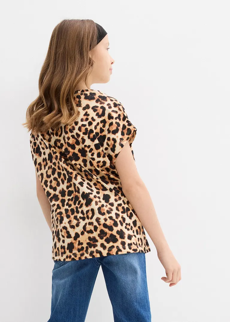 bonprix Mädchen T-Shirt im schönen 2er-Pack - schwarz+beige bedruckt Kauf eins, bekomm eins gratis