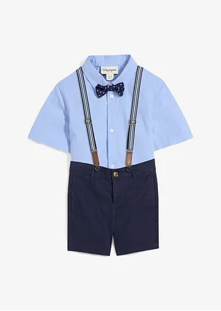 bonprix Cooles Set für Jungen bestehend aus einem Kurzarmhemd einer Chino-Bermuda verstellbaren Hosenträgern und einer gepunkteten Fliege Riesige Ersparnisse