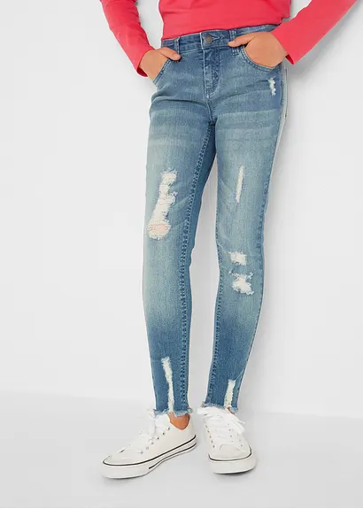 bonprix Mädchen Skinny-Jeans mit Used Effekt - blau - Kinder Nur noch ein Tag übrig