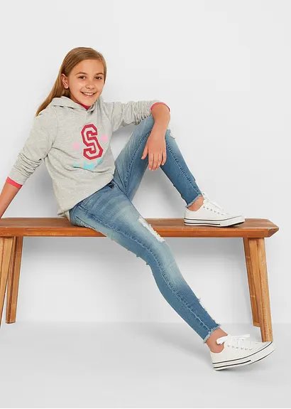 bonprix Mädchen Skinny-Jeans mit Used Effekt - blau - Kinder Nur noch ein Tag übrig