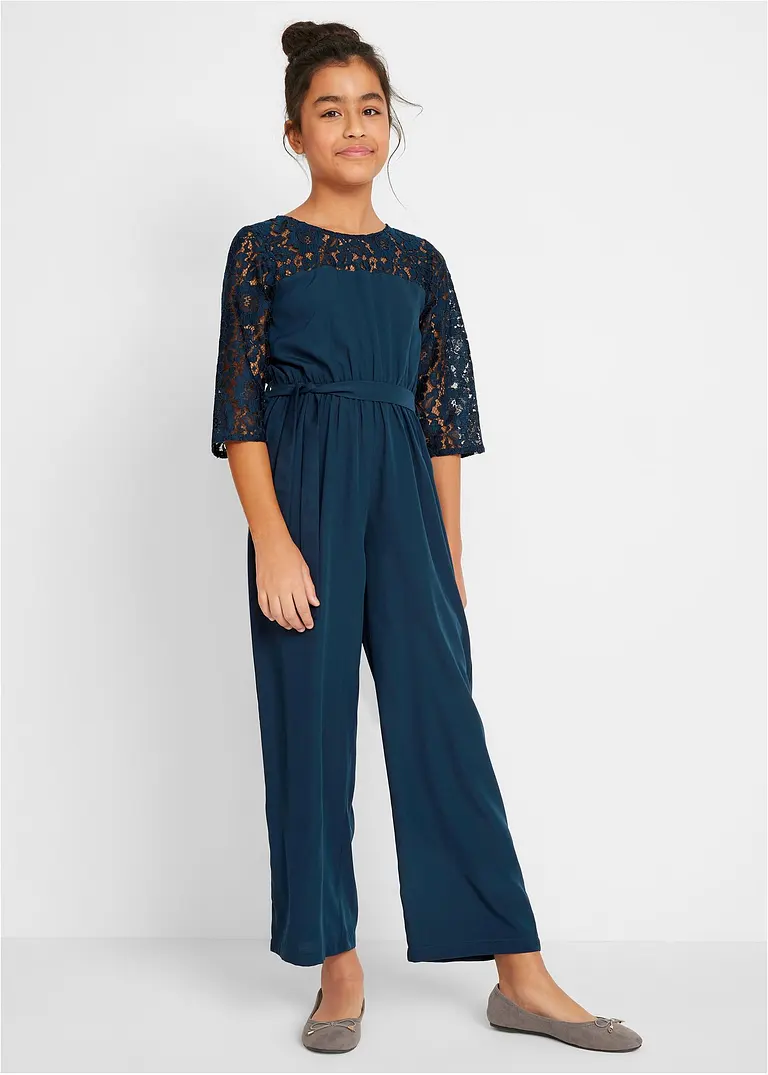 bonprix Toller Mädchen Overall mit Spitze und Stoffgürtel - blau - Kinder Speichern exportieren