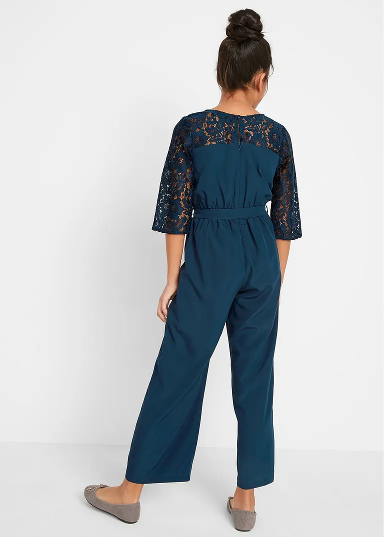 bonprix Toller Mädchen Overall mit Spitze und Stoffgürtel - blau - Kinder Speichern exportieren