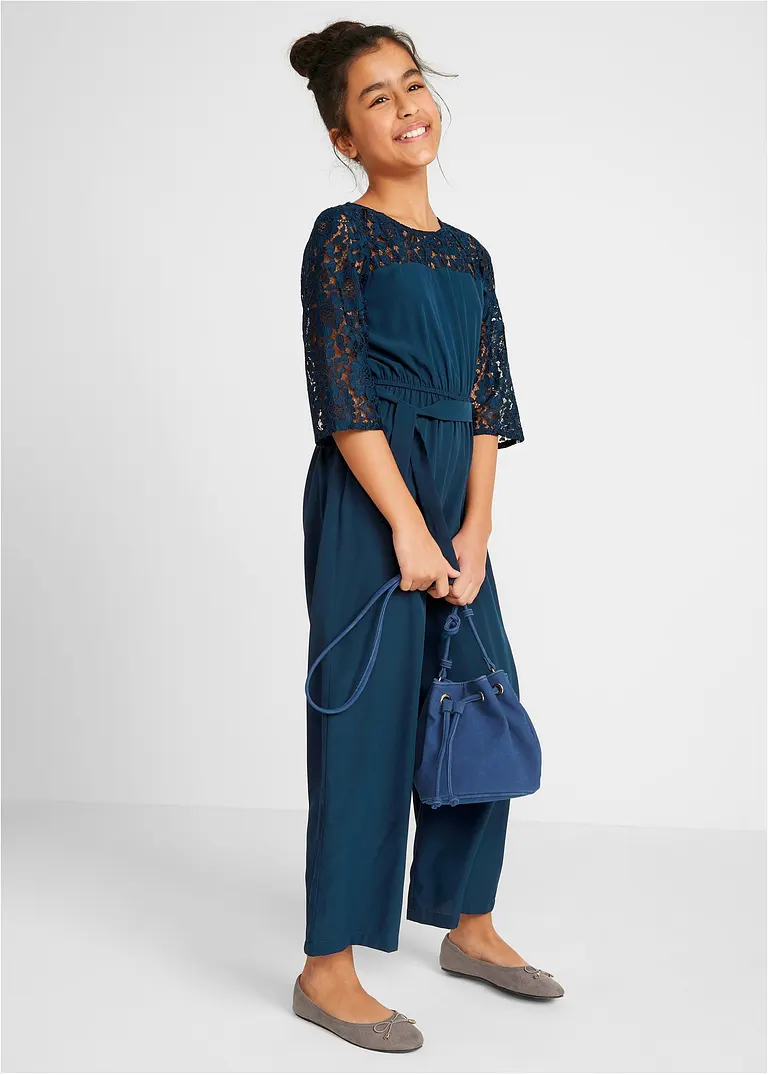 bonprix Toller Mädchen Overall mit Spitze und Stoffgürtel - blau - Kinder Speichern exportieren