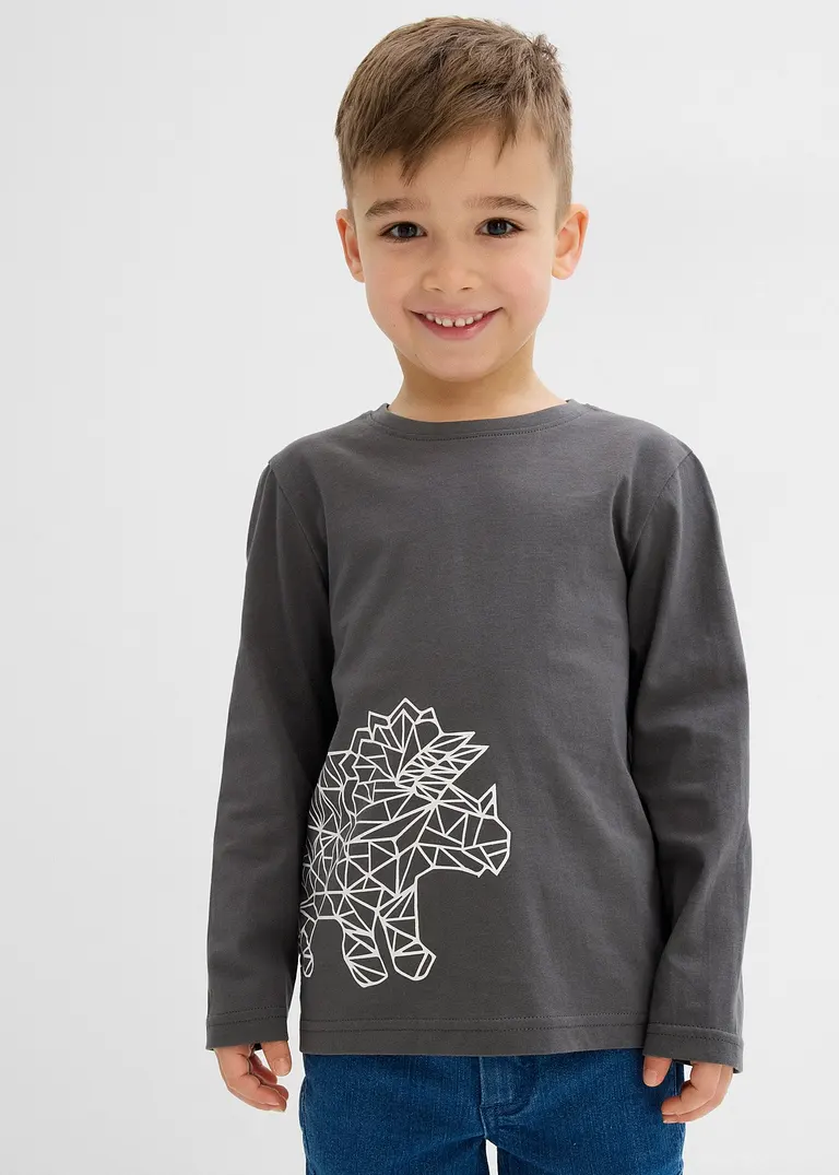bonprix Cooles Jungen Langarmshirt mit einem großen Dino-Druck - grau Black Friday