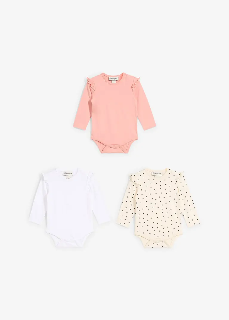 bonprix 3er Packung Baby Bodies mit Rüschen und Knöpfen an der Schulter und im Schritt Bis zu 50% Rabatt
