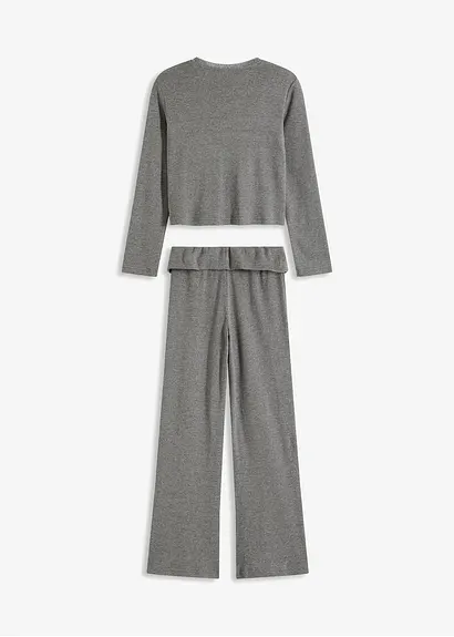 bonprix Mädchen Langarmshirt mit Spitze am Ausschnitt und mit bequemer ausgestellter Hose (2-tlg. Set) Vatertagsangebot