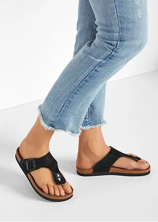 bonprix Sommerliche Zehensteg Pantolette in Glitzeroptik - schwarz Tiefpreis
