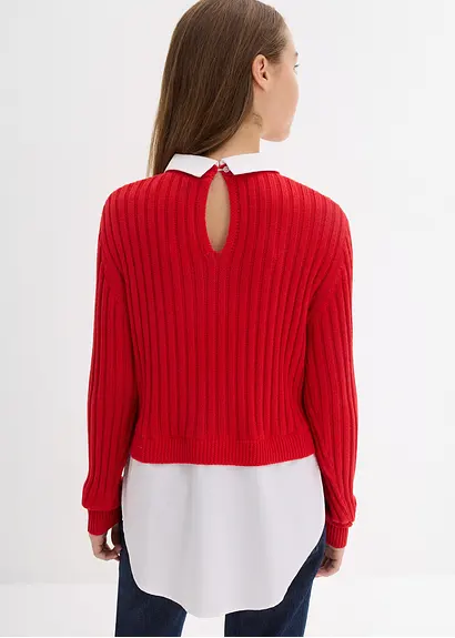 bonprix Mädchen Feinstrickpullover mit kontrastfarbigen Blusenbesatz Flash Sale