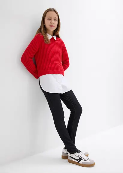 bonprix Mädchen Feinstrickpullover mit kontrastfarbigen Blusenbesatz Flash Sale